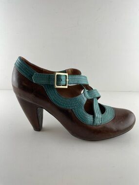 Miz Mooz Leather Mary Jane Heels Size 9 Brown Teal Retro Cutout Pumps